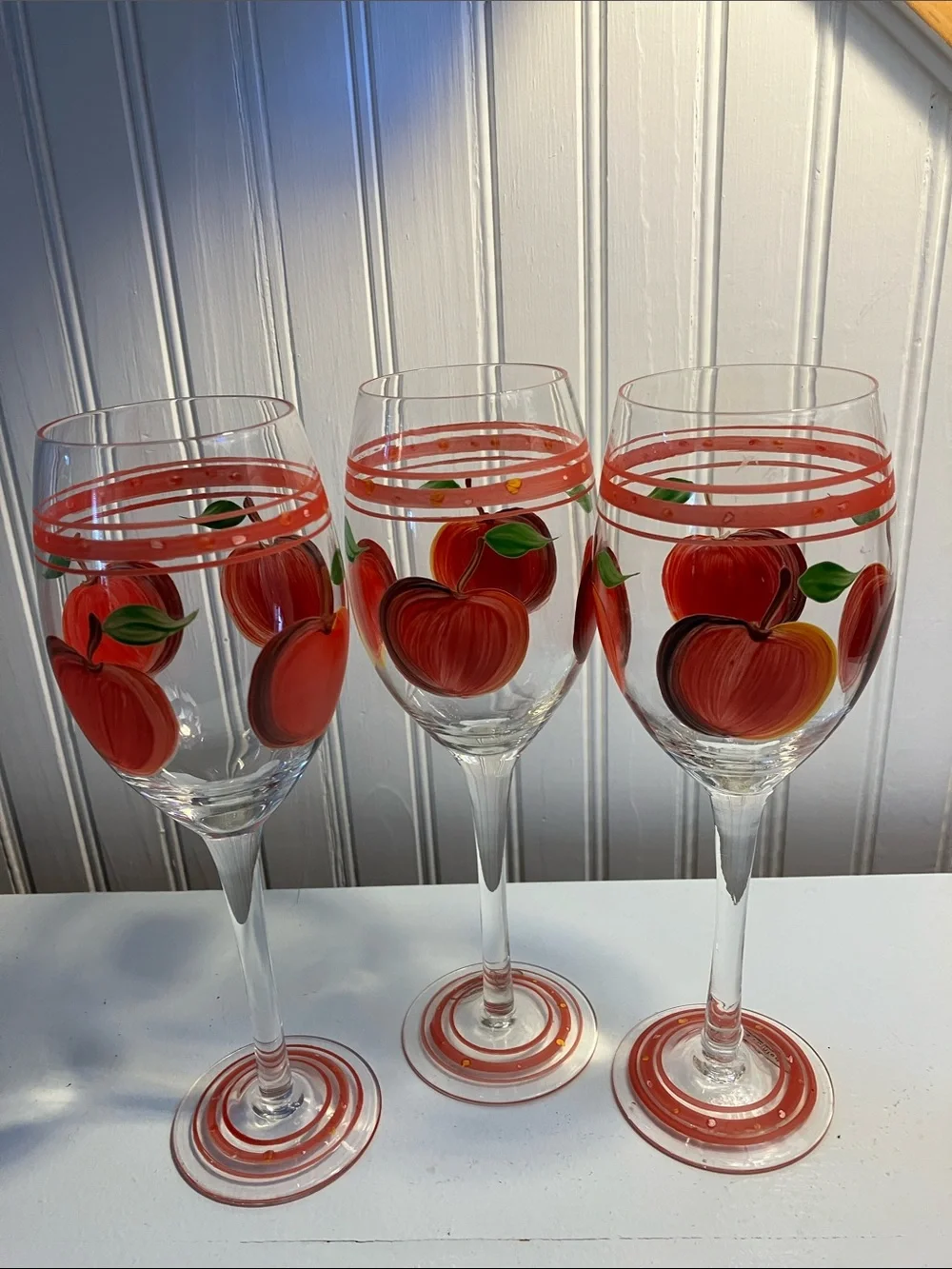 Hand-Painted Red Apple Wine Glasses - Set of 3